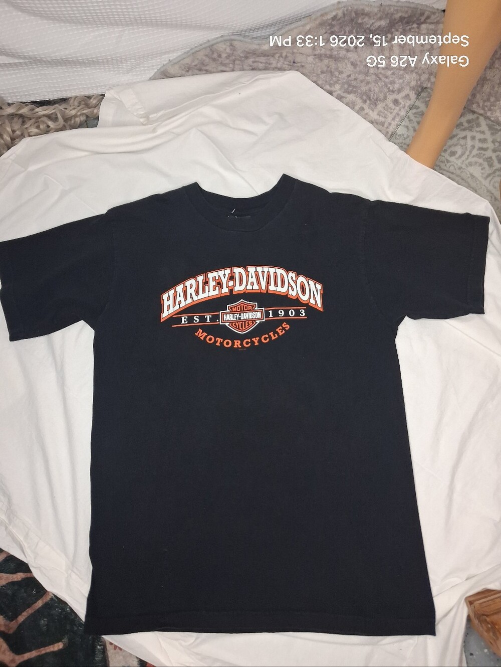 Harley-Davidson Vintage 90s Black Tee with Orange Logo - Mens L Short Sleeve